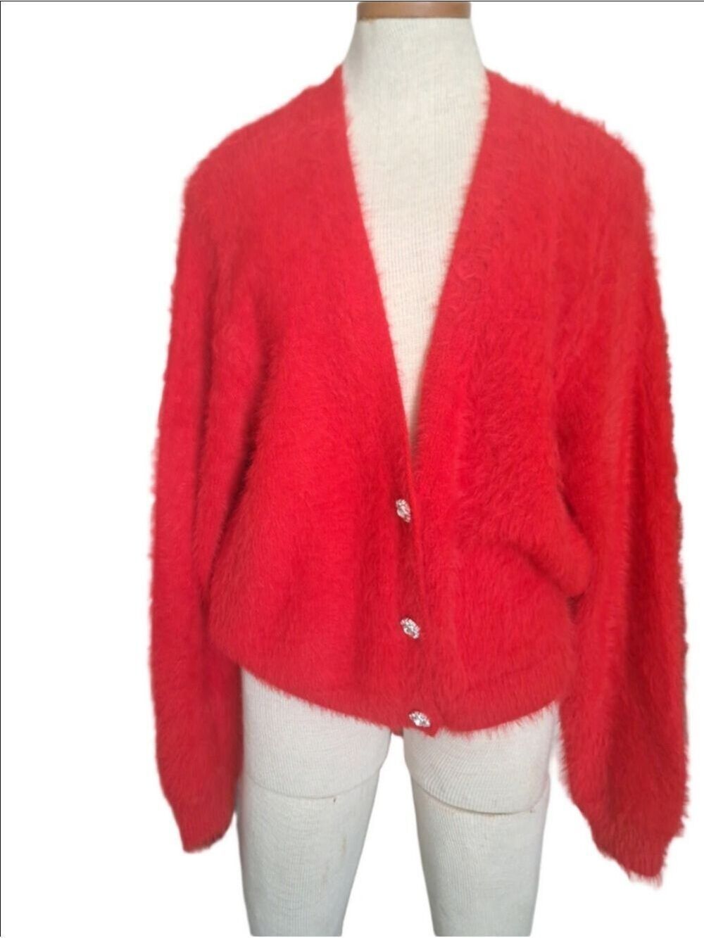 RED fuzzy Holiday sweater cardigan jeweled button front long sleeve size LG